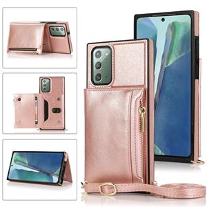 huismerk Voor Samsung Galaxy Note20 Square Zipper Wallet Bag TPU+PU Back Cover Case met Holder & Card Slots & Wallet & Cross-body Strap (Rose Glod)