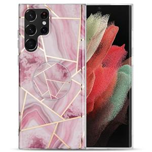 huismerk Voor Samsung Galaxy S21 Ultra 5G IMD Marble TPU Telefoonhoesje met Houder (Rose Red)