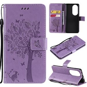 Huismerk For Huawei P50 Pro Tree & Cat Pattern Pressed Printing Horizontal Flip PU Leather Case with Holder & Card Slots & Wallet & Lanyard(Light Purple)