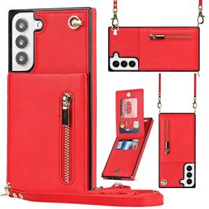 huismerk Voor Samsung Galaxy S22 5G Cross-Body Square Zipper Card Houder Bag Telefoon Case