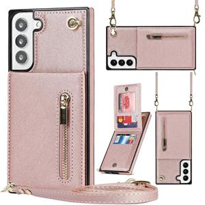 huismerk Voor Samsung Galaxy S22 5G Cross-Body Square Zipper Card Houder Bag Telefoonhoes (Rose Gold)