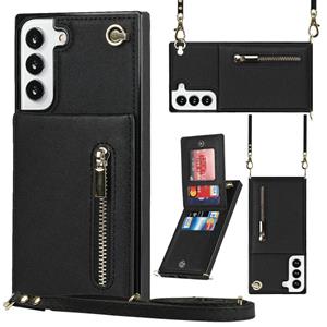 huismerk Voor Samsung Galaxy S22 + 5G Cross-Body Square Zipper Card Houder Bag Telefoonhoes (Zwart)