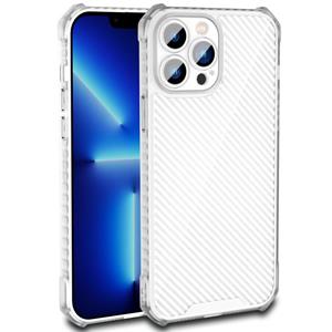 huismerk Koolstofvezeltextuur schokbestendig telefoonhoesje voor iPhone 13 (transparant wit)