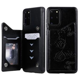 huismerk Voor Galaxy S20 Plus Butterfly Embossing Pattern Shockproof Protective Case met Holder & Card Slots & Photo Frame(Zwart)