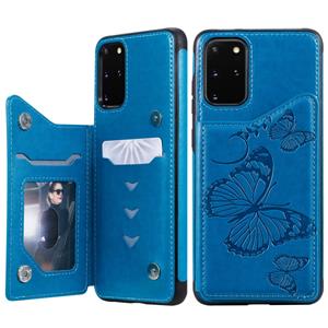 huismerk Voor Galaxy S20 Plus Butterfly Embossing Pattern Shockproof Protective Case met Holder & Card Slots & Photo Frame(Blauw)