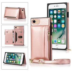 huismerk Square Zipper Wallet Bag TPU+PU Back Cover Case met Holder & Card Slots & Wallet & Cross-body Strap Voor iPhone SE 2020 / 8 / 7(Rose Glod)