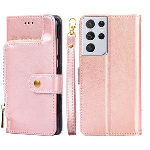 huismerk Voor Samsung Galaxy S21 Ultra 5G Zipper Bag PU + TPU Horizontale Flip Lederen Case met Houder & Card Slot & Portemonnee & Lanyard (Rose Gold)