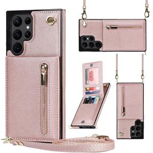 huismerk Voor Samsung Galaxy S22 Ultra 5G Cross-Body Square Zipper Card Houder Bag Telefoon Case (Rose Gold)