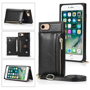 huismerk Square Zipper Wallet Bag TPU+PU Back Cover Case met Holder & Card Slots & Wallet & Cross-body Strap Voor iPhone SE 2020 / 8 / 7(Zwart)