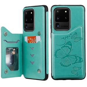 huismerk Voor Galaxy S20 Ultra Butterfly Embossing Pattern Shockproof Protective Case met Holder & Card Slots & Photo Frame(Groen)