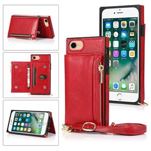 huismerk Square Zipper Wallet Bag TPU+PU Back Cover Case met Holder & Card Slots & Wallet & Cross-body Strap Voor iPhone SE 2020 / 8 / 7(Rood)