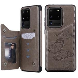 huismerk Voor Galaxy S20 Ultra Butterfly Embossing Pattern Shockproof Protective Case met Holder & Card Slots & Photo Frame(Grey)