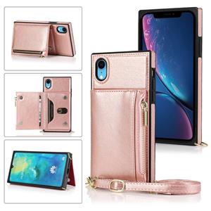 huismerk Vierkante rits portemonnee tas TPU +PU Back Cover Case met Holder & Card Slots & Wallet & Cross-body Strap Voor iPhone XR(Rose Glod)