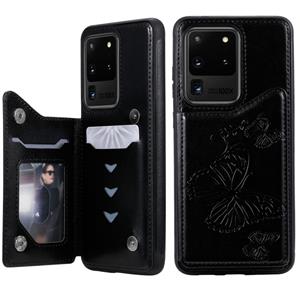 huismerk Voor Galaxy S20 Ultra Butterfly Embossing Pattern Shockproof Protective Case met Holder & Card Slots & Photo Frame(Zwart)