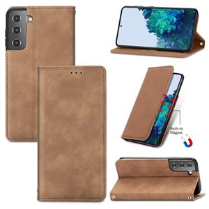 huismerk Voor Samsung Galaxy S22 5G Retro Skin Feel Magnetic Horizontal Flip Lederen Case met Houder & Card Slots & Portemonnee & Photo Frame (Brown)