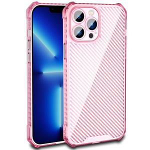 huismerk Koolstofvezeltextuur schokbestendig telefoonhoesje voor iPhone 13 Pro Max (transparant roze)