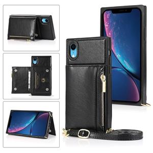 huismerk Vierkante rits portemonnee tas TPU+PU Back Cover Case met Holder & Card Slots & Wallet & Cross-body Strap Voor iPhone XR(Zwart)