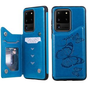 huismerk Voor Galaxy S20 Ultra Butterfly Embossing Pattern Shockproof Protective Case met Holder & Card Slots & Photo Frame(Blauw)