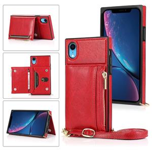 huismerk Vierkante rits portemonnee tas TPU +PU Back Cover Case met Holder & Card Slots & Wallet & Cross-body Strap Voor iPhone XR(Rood)