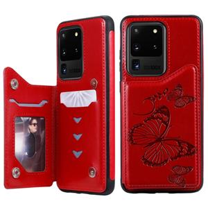 huismerk Voor Galaxy S20 Ultra Butterfly Embossing Pattern Shockproof Protective Case met Houder & Card Slots & Photo Frame(Red)