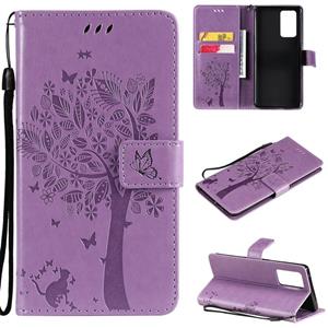 huismerk For OPPO Reno6 Pro 5G Tree & Cat Pattern Pressed Printing Horizontal Flip PU Leather Case with Holder & Card Slots & Wallet & Lanyard(Light Purple)