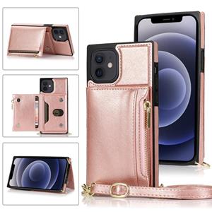 huismerk Vierkante rits portemonnee tas TPU + PU Back Cover Case met houder & kaart slots & portemonnee & cross-body riem voor iPhone 12 mini(Rose Glod)