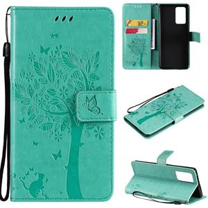 huismerk For OPPO Reno6 Pro 5G Tree & Cat Pattern Pressed Printing Horizontal Flip PU Leather Case with Holder & Card Slots & Wallet & Lanyard(Green)