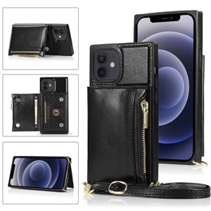 huismerk Vierkante rits portemonnee tas TPU+PU Back Cover Case met Holder & Card Slots & Wallet & Cross-body Strap Voor iPhone 12 mini(Zwart)