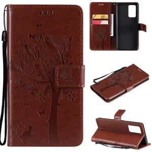 huismerk For OPPO Reno6 Pro 5G Tree & Cat Pattern Pressed Printing Horizontal Flip PU Leather Case with Holder & Card Slots & Wallet & Lanyard(Coffee)