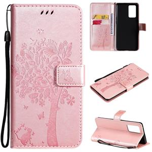 huismerk For OPPO Reno6 Pro 5G Tree & Cat Pattern Pressed Printing Horizontal Flip PU Leather Case with Holder & Card Slots & Wallet & Lanyard(Rose Gold)