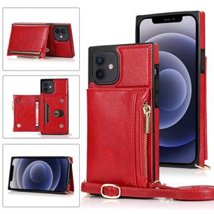 huismerk Vierkante rits portemonnee tas TPU +PU Back Cover Case met Houder & Card Slots & Wallet & Cross-body Strap Voor iPhone 12 mini(Rood)