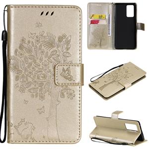 huismerk For OPPO Reno6 Pro 5G Tree & Cat Pattern Pressed Printing Horizontal Flip PU Leather Case with Holder & Card Slots & Wallet & Lanyard(Gold)