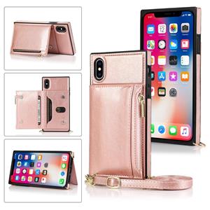 huismerk Square Zipper Wallet Bag TPU+PU Back Cover Case met Holder & Card Slots & Wallet & Cross-body Strap Voor iPhone XS / X(Rose Glod)