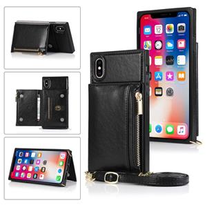 huismerk Vierkante rits portemonnee tas TPU+PU Back Cover Case met Holder & Card Slots & Wallet & Cross-body Strap Voor iPhone XS / X(Zwart)