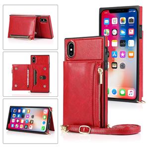 huismerk Vierkante rits portemonnee tas TPU+PU Back Cover Case met Holder & Card Slots & Wallet & Cross-body Strap Voor iPhone XS / X(Rood)