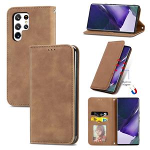 huismerk Voor Samsung Galaxy S22 Ultra 5G Retro Skin Feel Magnetic Horizontal Flip Lederen Case met Houder & Card Slots & Portemonnee & Photo Frame (Brown)