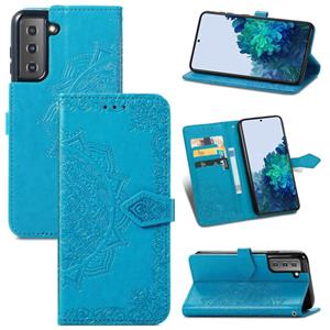 huismerk Voor Samsung Galaxy S22 5G Mandala Bloem In reliëf gemaakte Horizontale Flip Leren Case Met Houder & Card Slots & Wallet & Lanyard (Blauw)