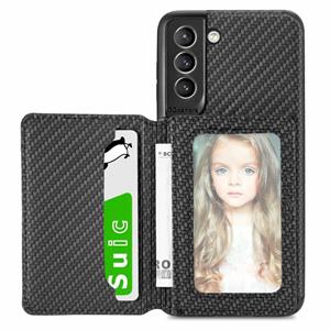 huismerk For Samsung Galaxy S21+ 5G Carbon Fiber Magnetic Card Bag TPU+PU Shockproof Back Cover Case with Holder & Card Slot & Photo Frame(Black)