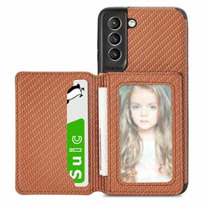 huismerk For Samsung Galaxy S21+ 5G Carbon Fiber Magnetic Card Bag TPU+PU Shockproof Back Cover Case with Holder & Card Slot & Photo Frame(Brown)