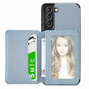 huismerk For Samsung Galaxy S21+ 5G Carbon Fiber Magnetic Card Bag TPU+PU Shockproof Back Cover Case with Holder & Card Slot & Photo Frame(Blue)