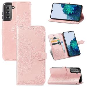 huismerk Voor Samsung Galaxy S22 5G Mandala Bloem Reliëf Horizontale Flip Leren Case met Houder & Card Slots & Wallet & Lanyard (Rose Gold)