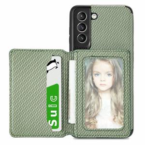 huismerk For Samsung Galaxy S21+ 5G Carbon Fiber Magnetic Card Bag TPU+PU Shockproof Back Cover Case with Holder & Card Slot & Photo Frame(Green)