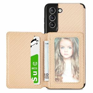 huismerk For Samsung Galaxy S21+ 5G Carbon Fiber Magnetic Card Bag TPU+PU Shockproof Back Cover Case with Holder & Card Slot & Photo Frame(Khaki)