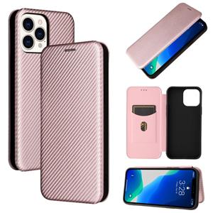 huismerk Koolstofvezel textuur magnetische horizontale flip TPU + PC + PU lederen tas met kaartsleuf voor iphone 13 pro max