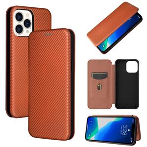 huismerk Koolstofvezel textuur magnetische horizontale flip TPU + PC + PU lederen tas met kaartsleuf voor iphone 13 pro max