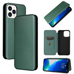 huismerk Koolstofvezel textuur magnetische horizontale flip TPU + PC + PU lederen tas met kaartsleuf voor iphone 13 pro max