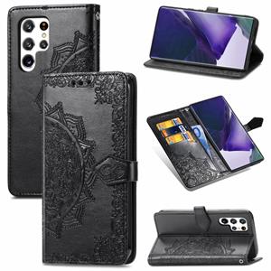 huismerk Voor Samsung Galaxy S22 Ultra 5G Mandala Bloem Reliëf Horizontale Flip Lederen Case met Houder & Card Slots & Wallet & Lanyard (Zwart)