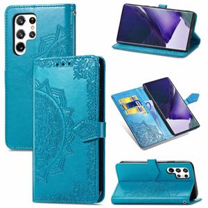 huismerk Voor Samsung Galaxy S22 Ultra 5G Mandala Bloem Reliëf Horizontale Flip Lederen Case met Houder & Card Slots & Wallet & Lanyard