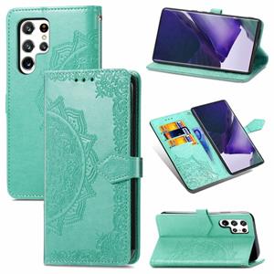 huismerk Voor Samsung Galaxy S22 Ultra 5G Mandala Bloem Reliëf Horizontale Flip Lederen Case met Houder & Card Slots & Wallet & Lanyard