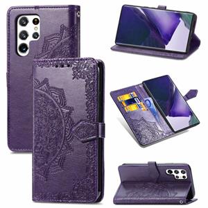 huismerk Voor Samsung Galaxy S22 Ultra 5G Mandala Bloem Reliëf Horizontale Flip Lederen Case met Houder & Card Slots & Portemonnee & Lanyard (Paars)